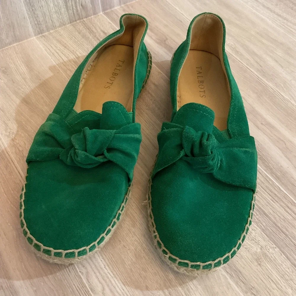 Talbots Green‎ Suede Knot Bow Espadrille Flats Womens 6.5M   Slip On Shoes